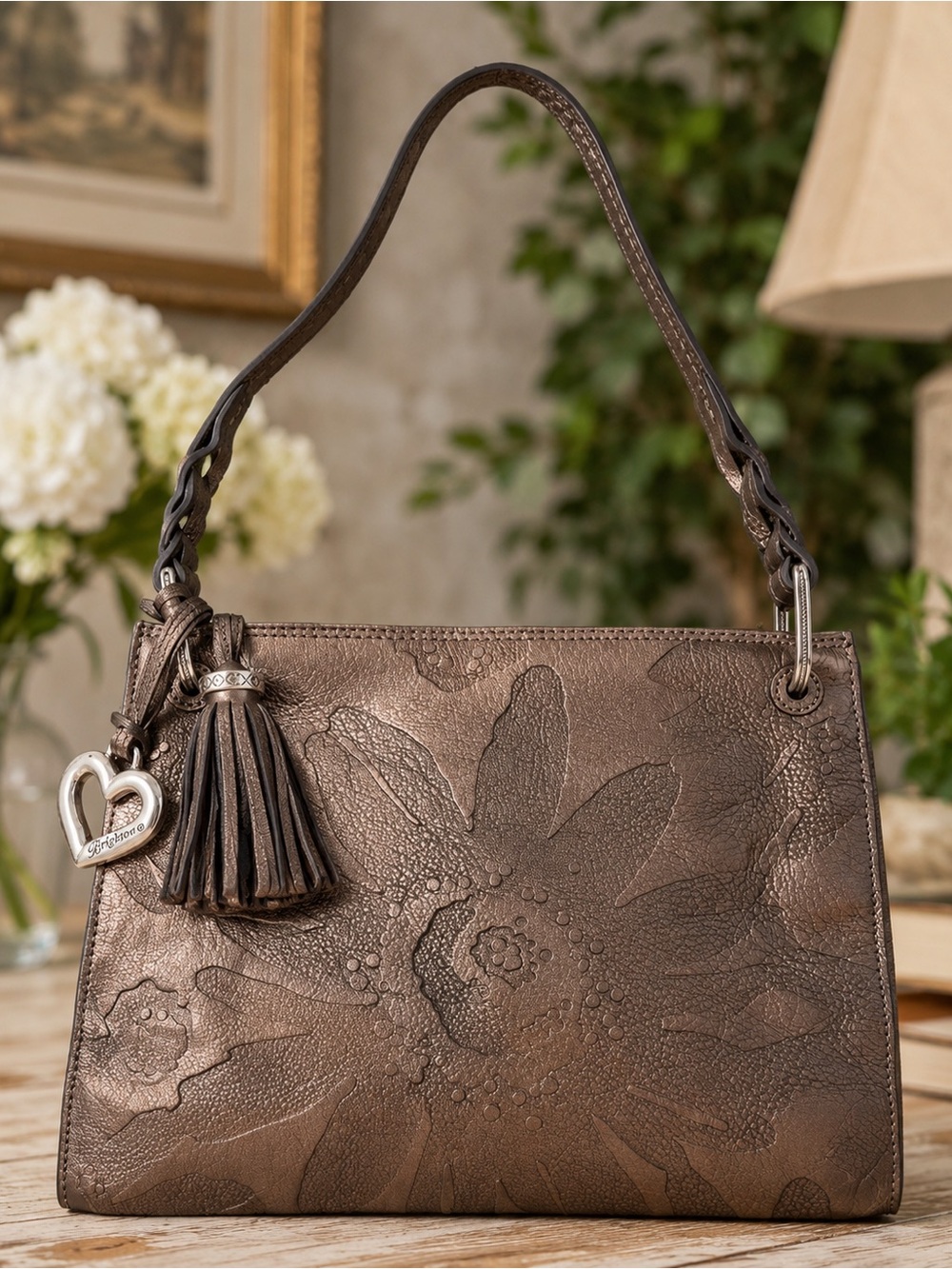 Brighton Bronze Floral Embossed Leather Shoulder Bag Tassel Charm Heart Charm